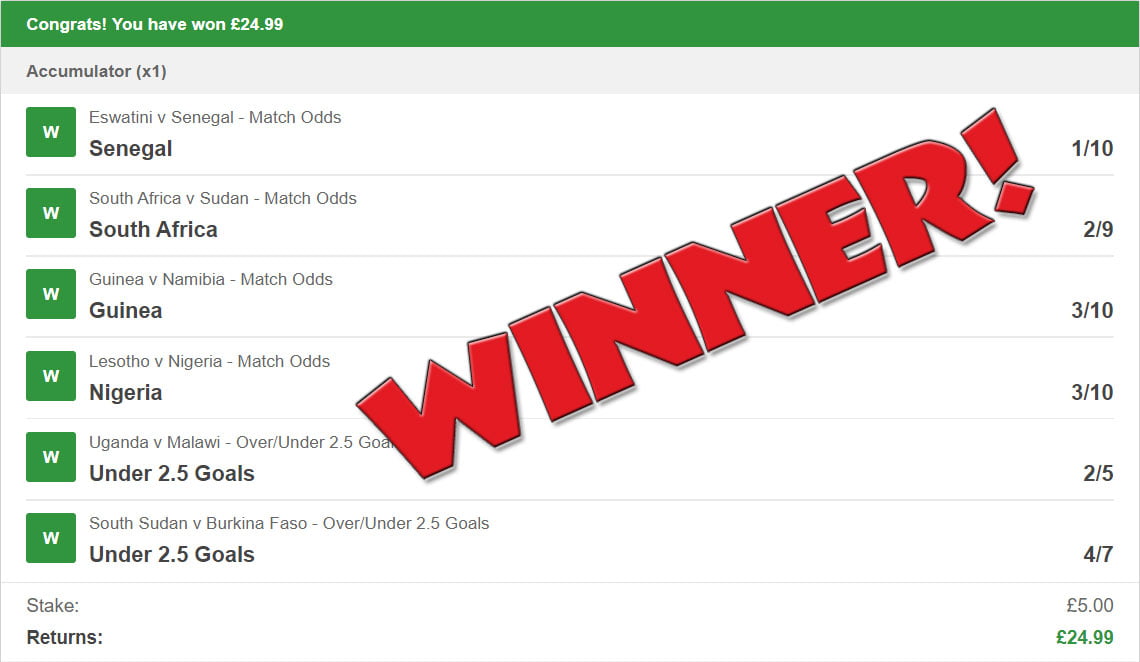 Winning Accumulator for the CAF African Cup of Nations Qualifiers 17 Nov 2019