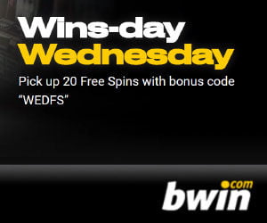 bwin Enjoy a midweek boost! Every Wednesday they'll give you the chance to pick up Free Spins, simply by reloading your account. Just use the bonus code “WEDFS” and deposit at least €50 each Wednesday to get 20 Free Spins. The Bonus amount needs to be wagered 35 times before any winnings can be withdrawn.